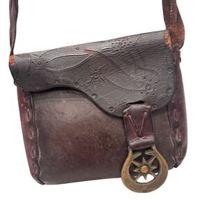 Vintage Worn Leather Crossbody Horse Brass On Flap Renaissance Festival Medieval